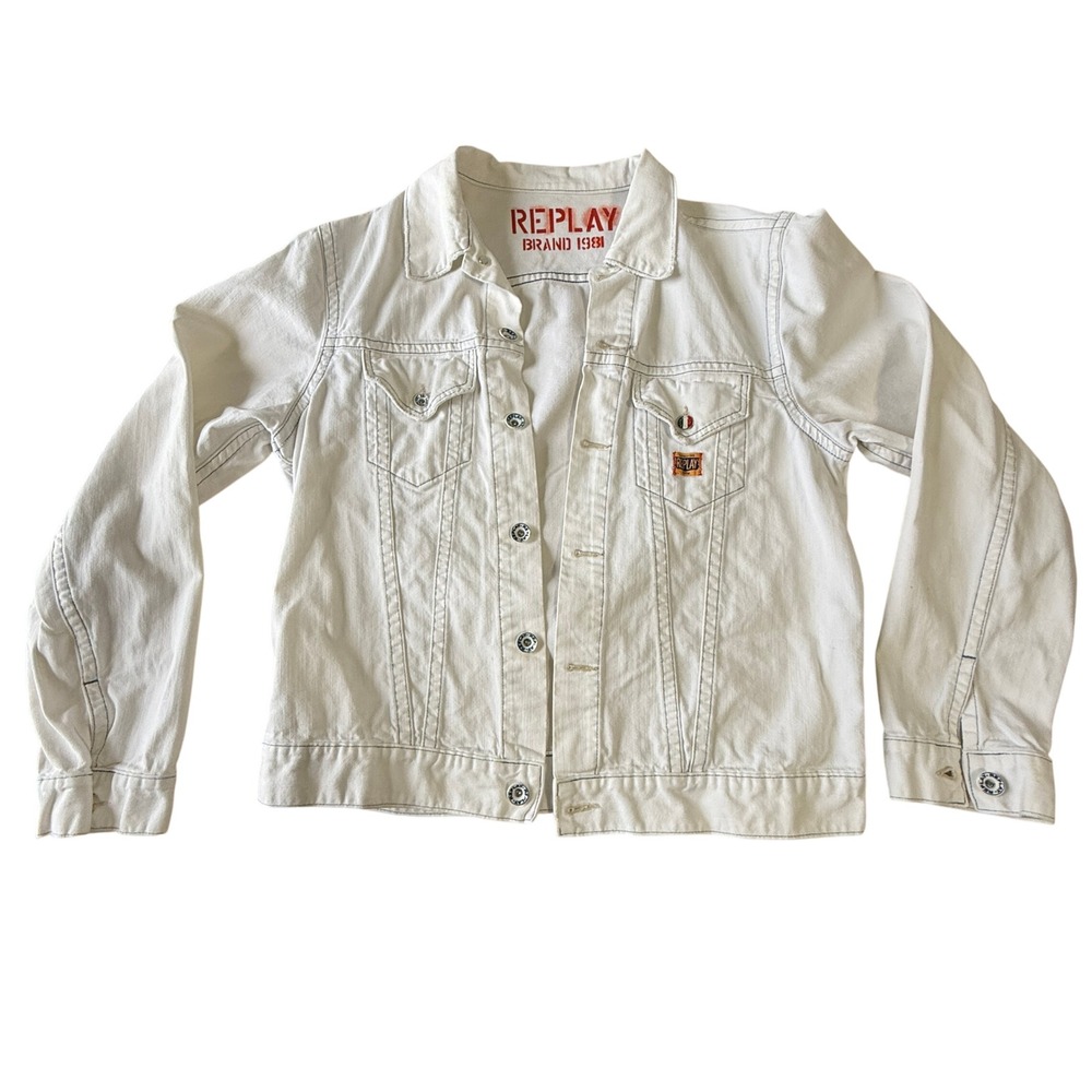 Replay Denim Jacket Unisex L Cream White Italian Cotton Trucker Vintage Style‎